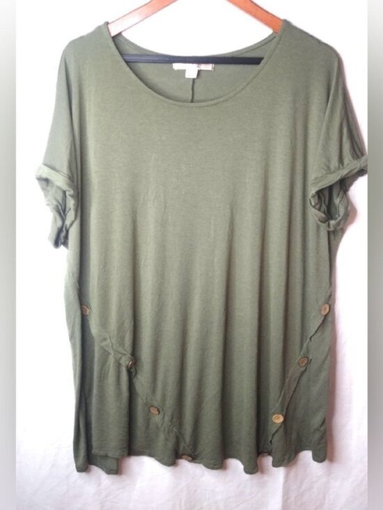Misia Tops - Misia Curvy 3X Lagenlook Olive Buttons Trim Top Plus